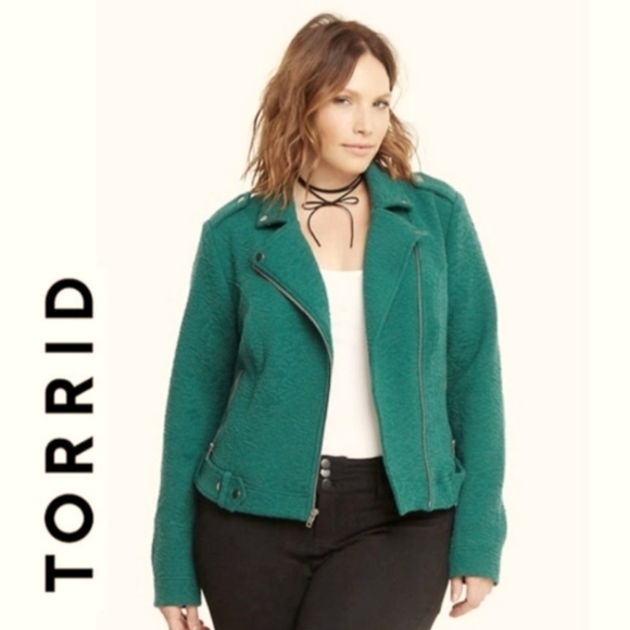 torrid Jackets & Blazers - Torrid Textured Knit Lace Moto Jacket Green Size 2